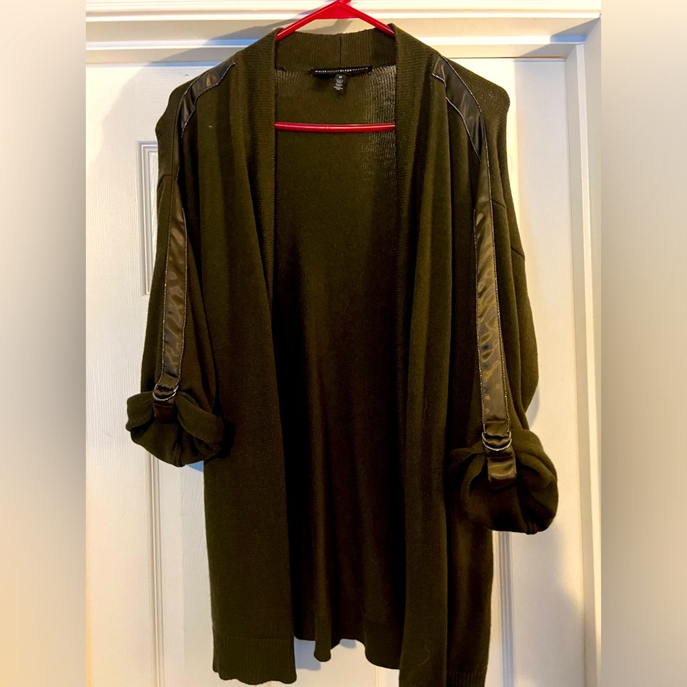 WHBM army green cardigan with ribbon and beaded detailing on sleeves!